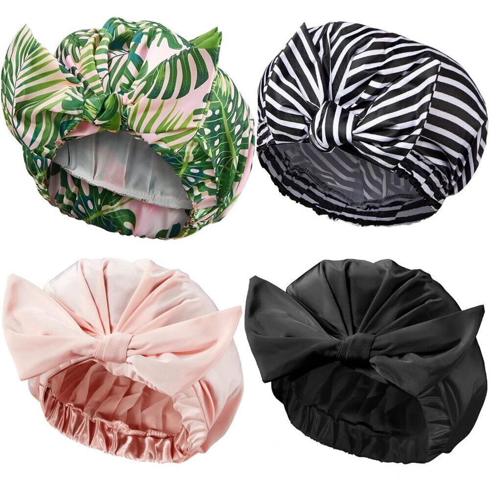 4 Pcs Shower Caps for Women, Waterproof Reusable Shower Hair Caps Bowknot Satin